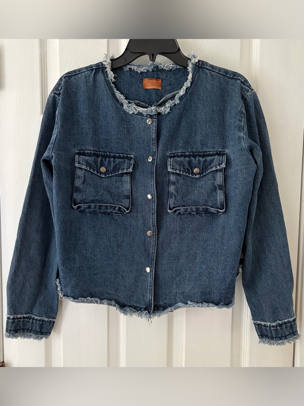 POL Denim Frayed-Trim Jean Jacket - Dark Blue - Picture 2 of 5